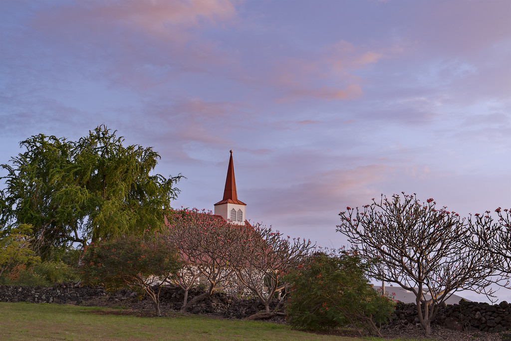 Church and Plumeria Trees As the Sun Goes Down  by jgpittenger