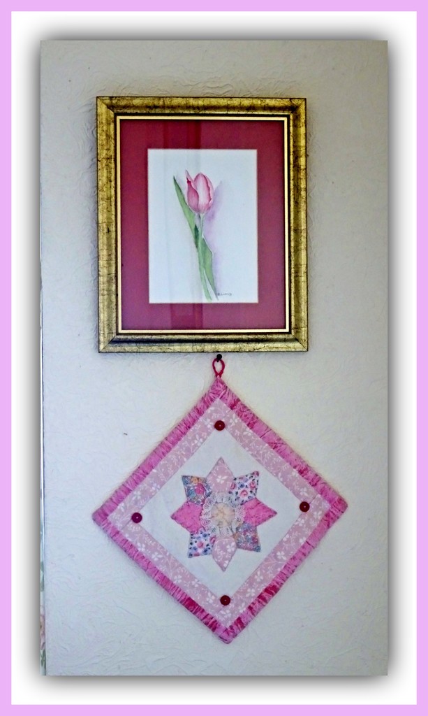 Pink tulip and a patchwork square . by beryl