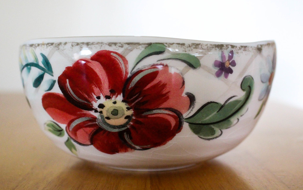 Red flower on a bowl by mittens