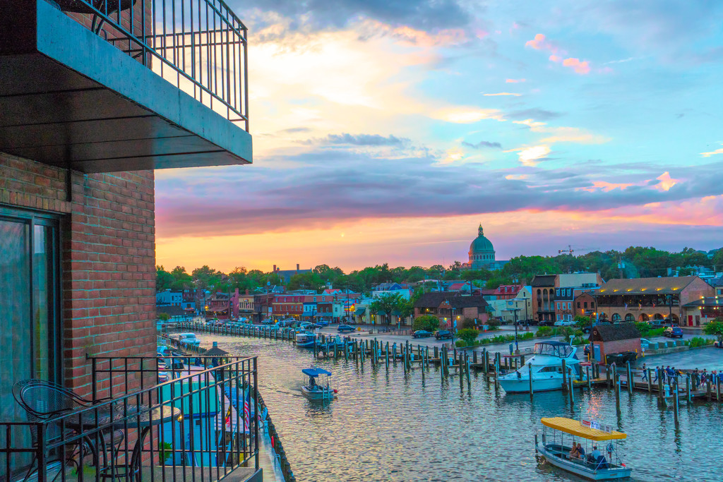 View of city dock and ego alley at sunset by jernst1779