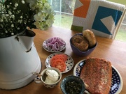31st Dec 2018 - still life with smoked salmon, cream cheese, tomatoes, onions, capers, hydrangeas, and a quilt
