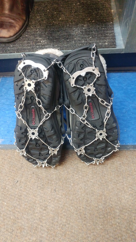 Time to get to the car. These chains save us from breaking our little necks on the ice. by hellie