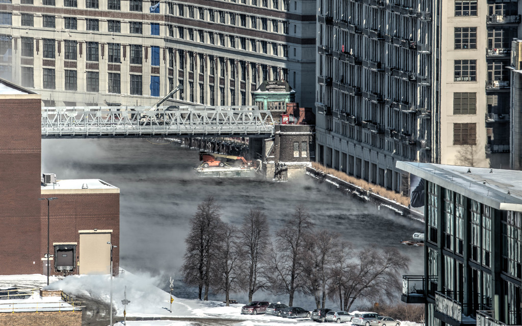 Steam Rises on the Chicago River by taffy