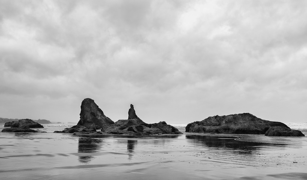 Bandon Rocks In Rain B and W by jgpittenger