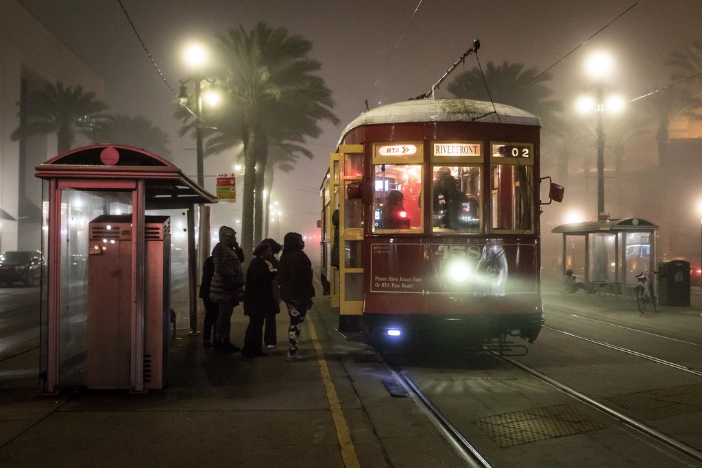 Cable car stop in New Orleans in the Fog by darylo