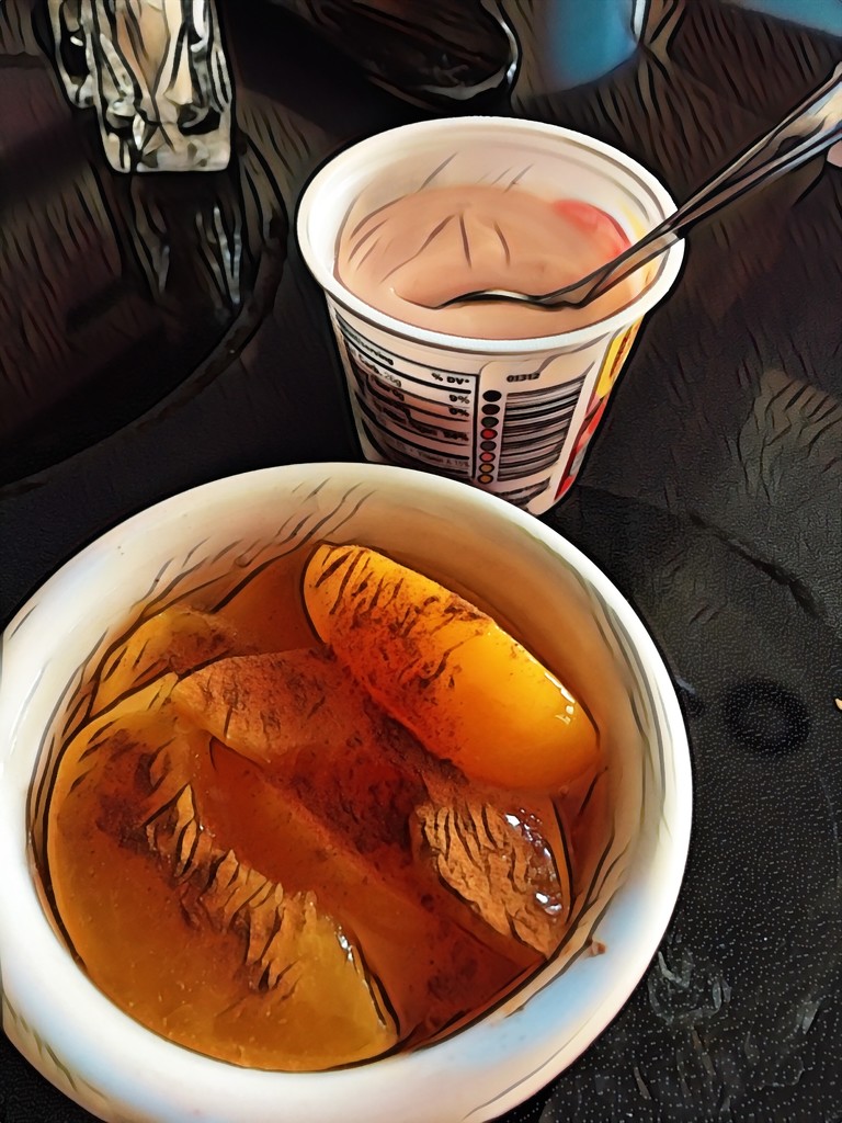 Strawberry yogurt & peaches with cinnamon by ggshearron
