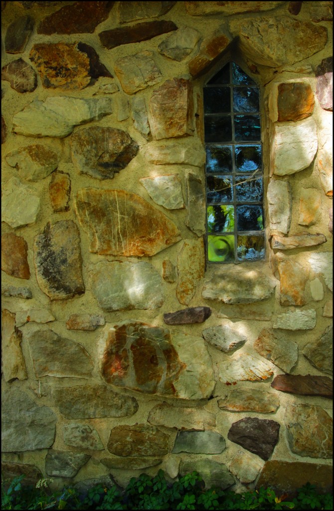 Chapel Window, Stone Wall and Green Leaves by olivetreeann