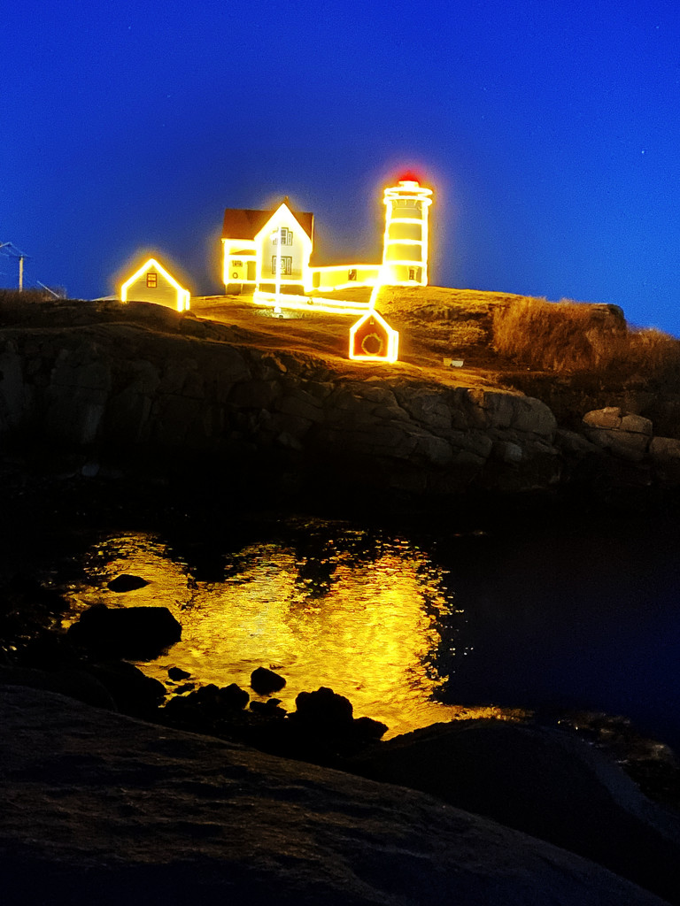 Nubble Light with Christmas lights by joansmor