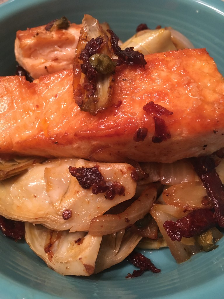 salmon, artichokes, and sun-dried tomatoes  by wiesnerbeth