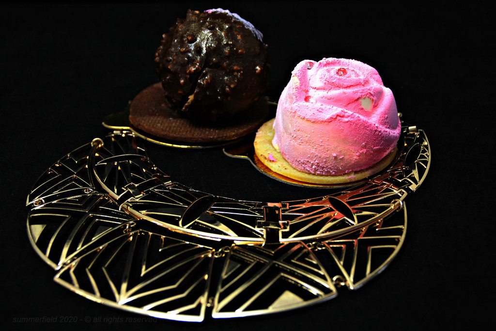 hazelnut chocolate bomb, gold necklace and marshmallow rose by summerfield