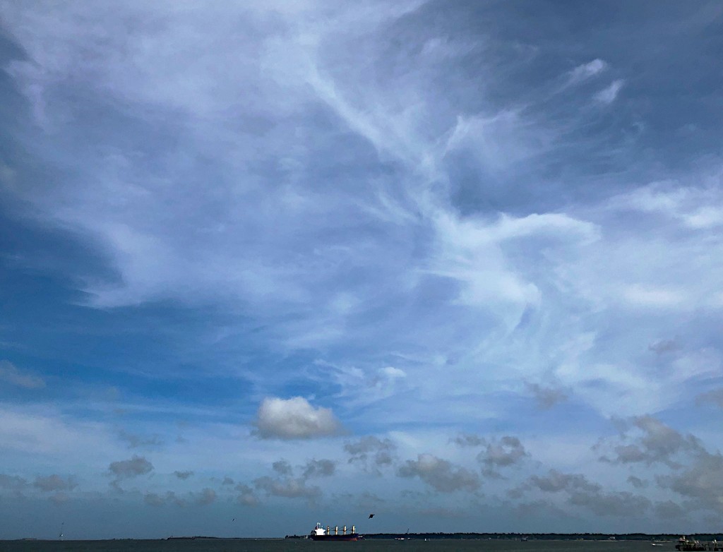Freighter leaving Charleston Harbor under vast cloud-filled skies. by congaree