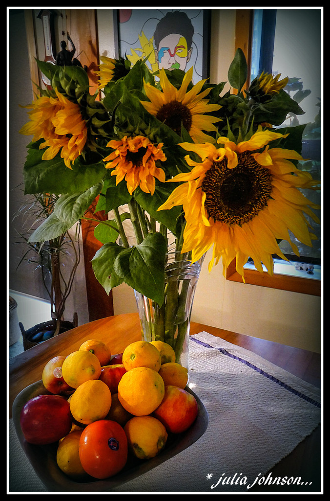 Sunflowers and fruit by julzmaioro