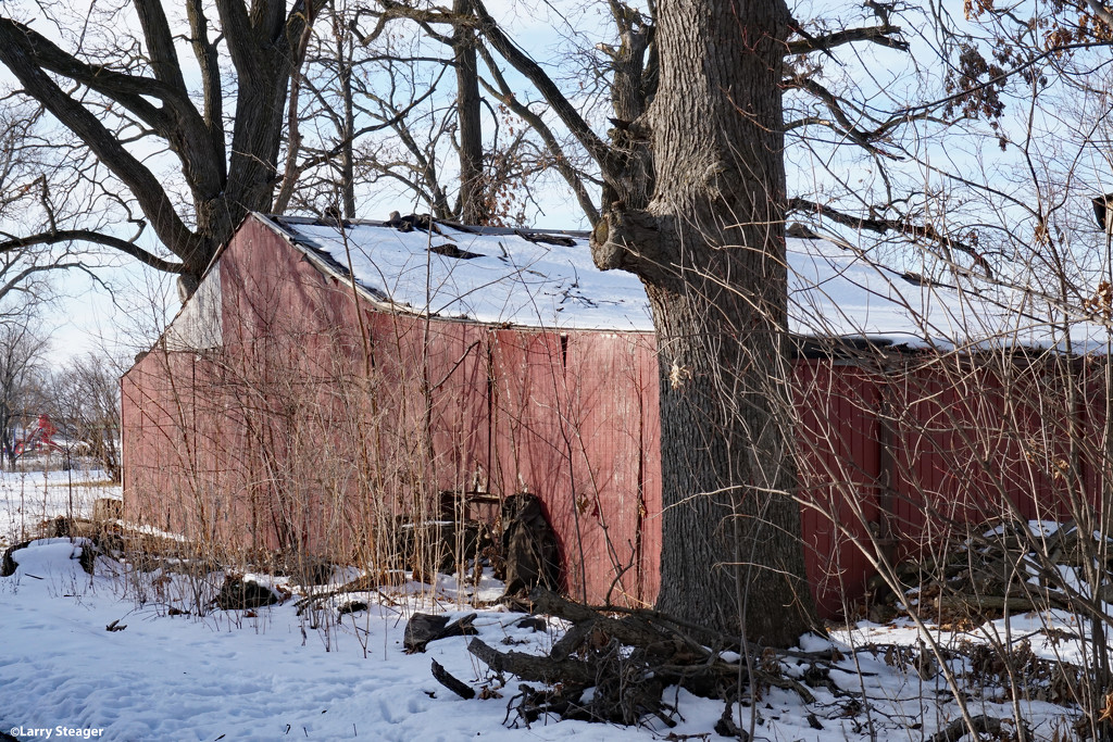 A red barn and snow by larrysphotos