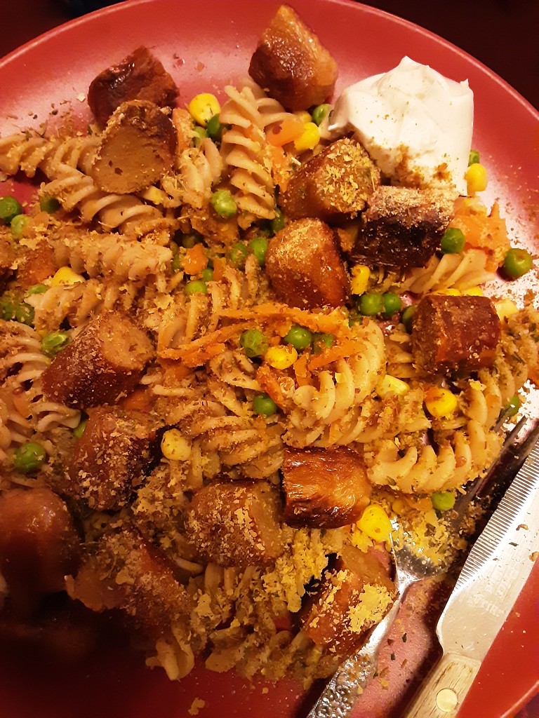 A Vegan meal. Pasta, Vegan sausages  mixed vegetables and herbs. by grace55