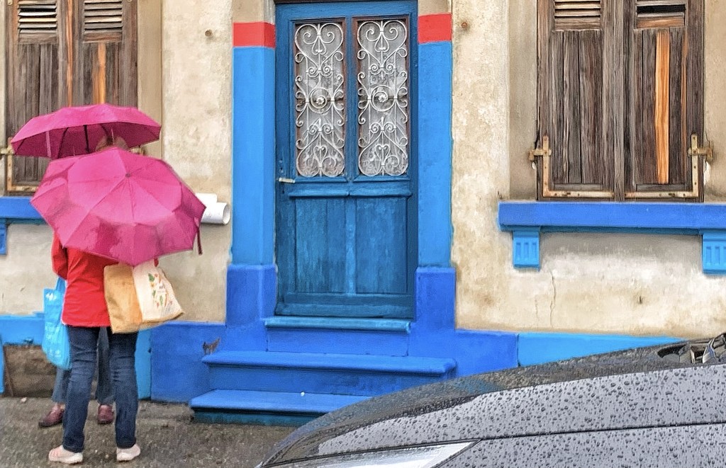White hearts on blue door ... and pink umbrellas. by cocobella