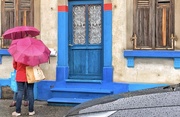 10th Feb 2021 - White hearts on blue door ... and pink umbrellas.