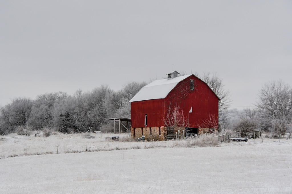 Red Barn in Winter Snow by kareenking