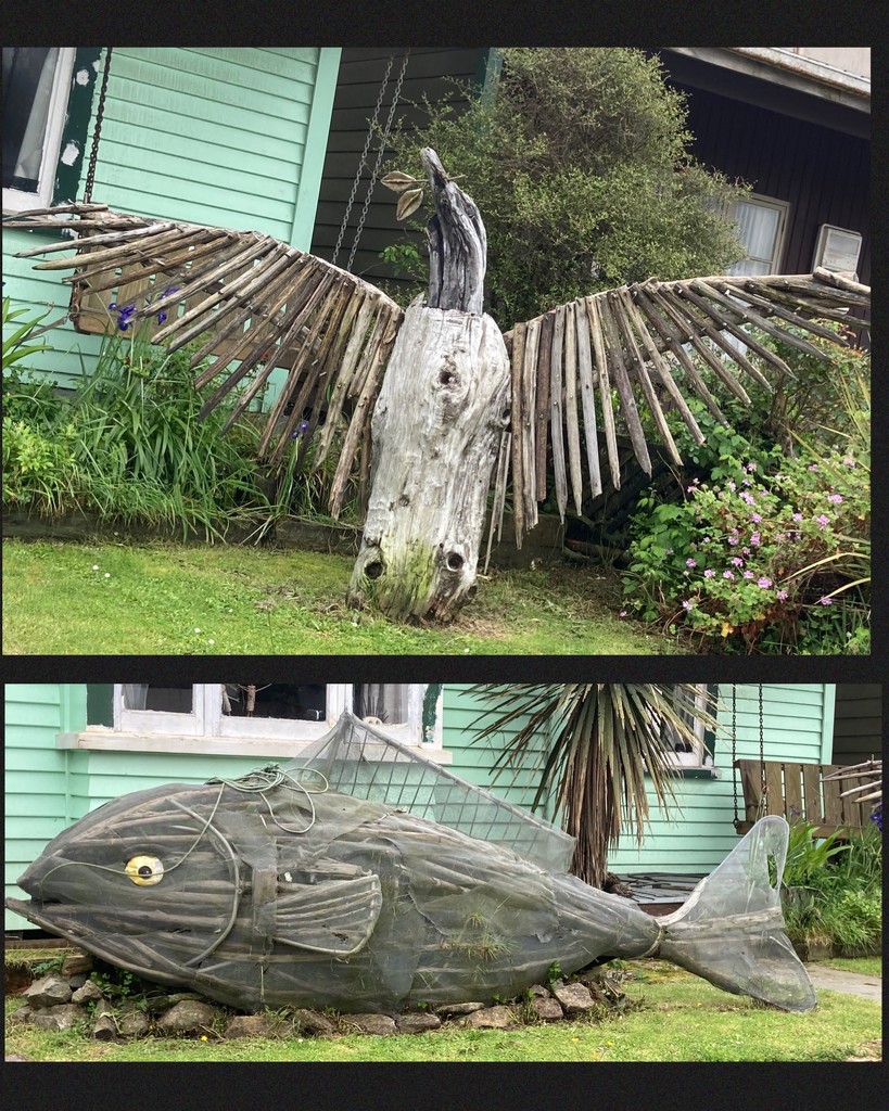 More art work on private front lawns in Hokitika by Dawn