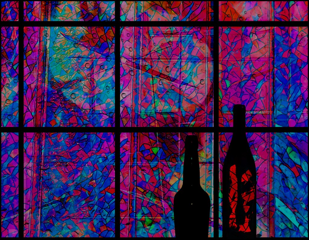 Two Bottles by a Stained Glass Window by olivetreeann