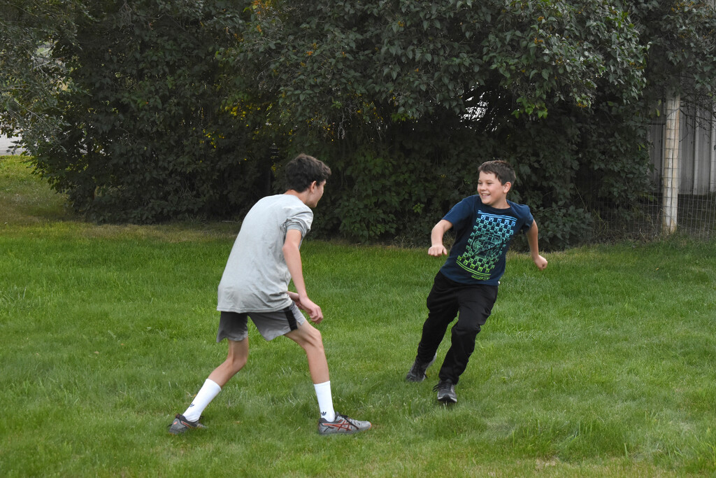 Grandsons' Casual Football In Our Yard by bjywamer