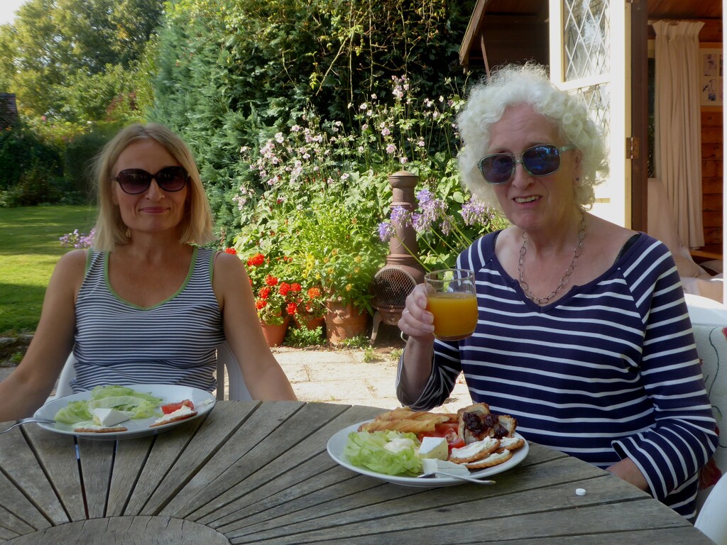 With daughter Jane for lunch in our garden by snowy