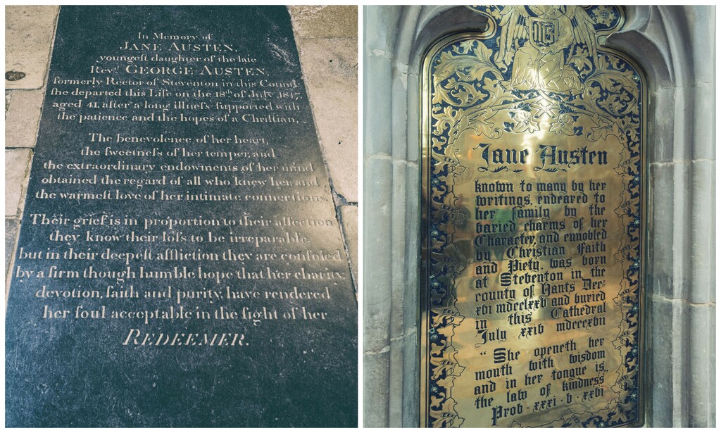 Jane Austen's grave and memorial plaque at Winchester Cathedral by rumpelstiltskin