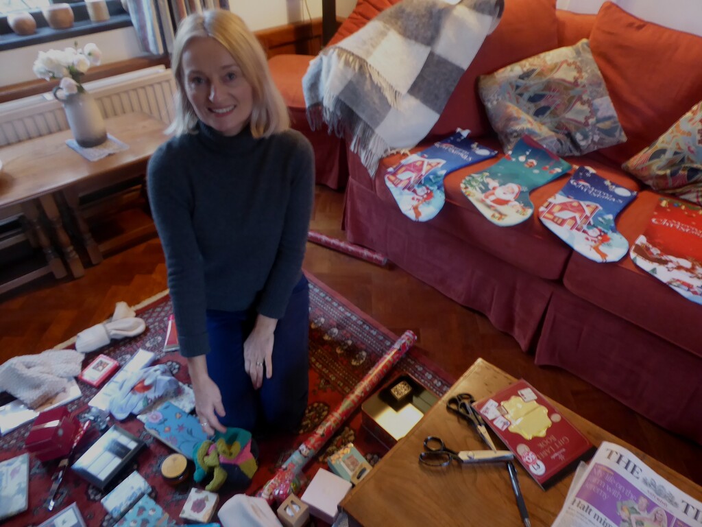 An early start to Christmas wrapping with daughter Jane by snowy