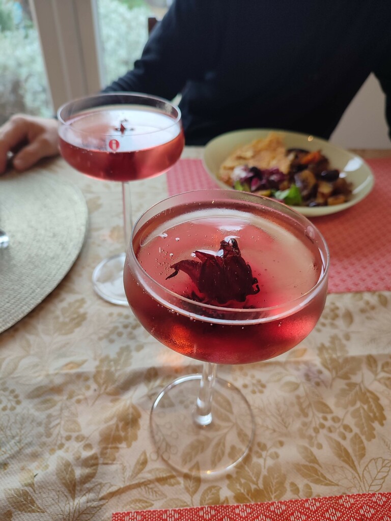 Pink prosecco with hibiscus flowers by boxplayer