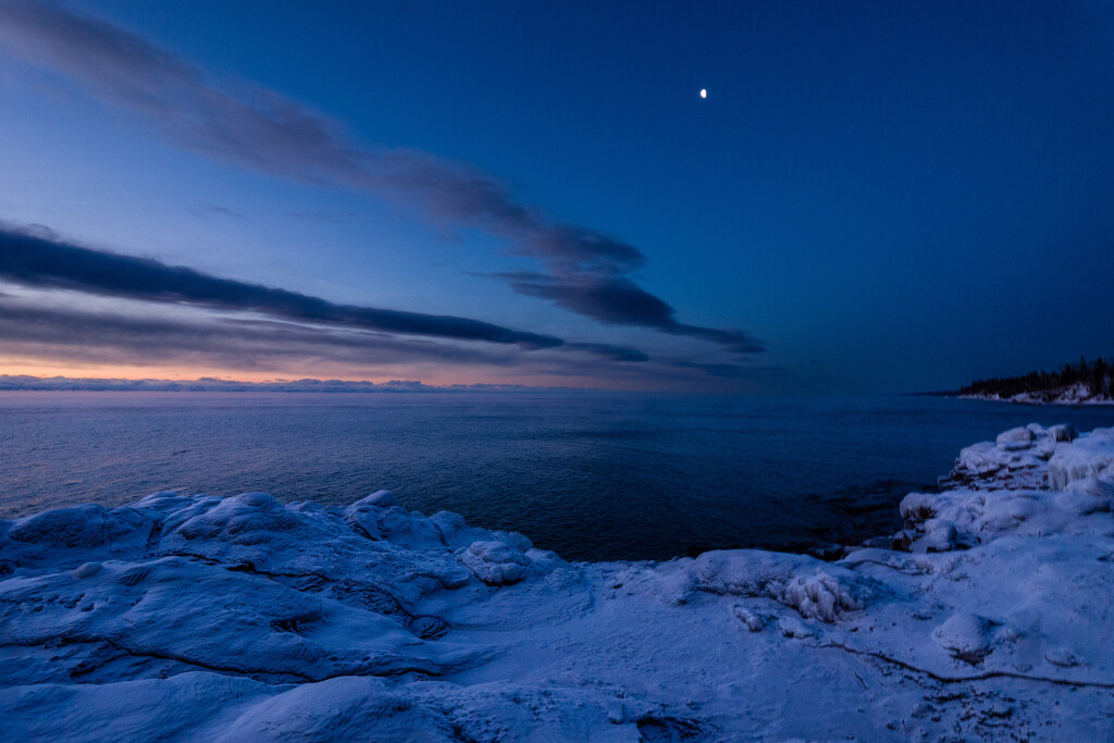 Moon over Lake Superior as Night Becomes Day by tosee