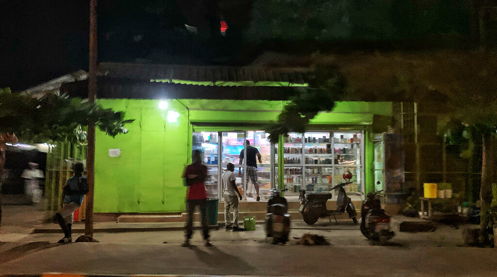 Green shop at night.  by cocobella