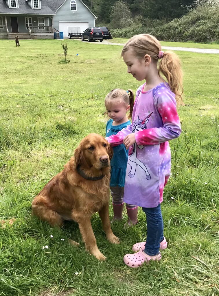 Neighbor Dog and Granddaughters by pandorasecho