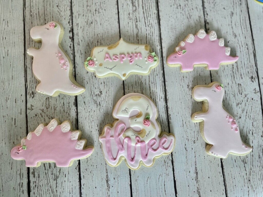 Pretty and pink dino birthday cookies by mistyhammond
