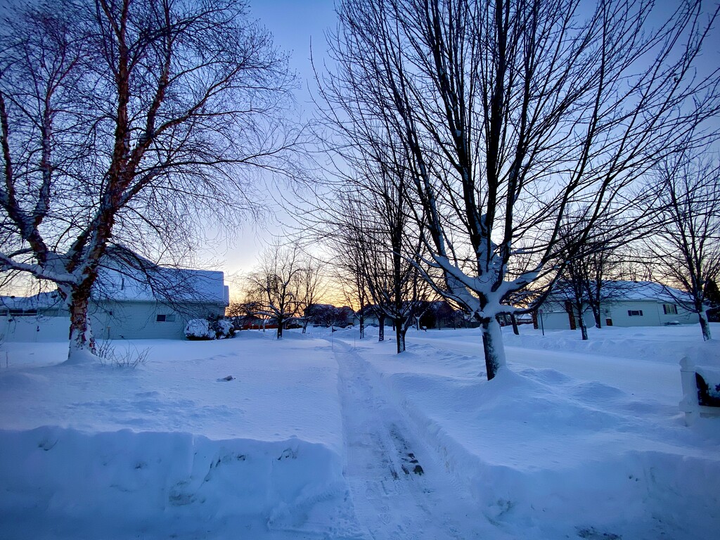 Snowy sidewalk sunset by jeffjones