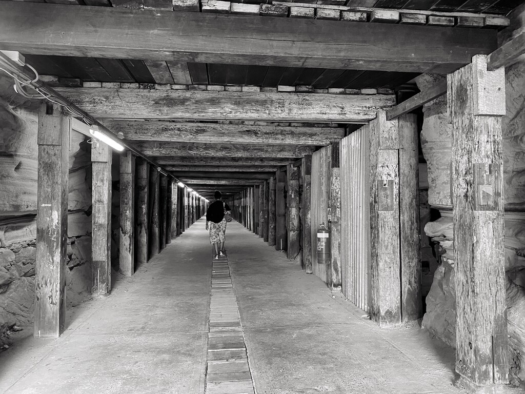 The “Dog Leg Tunnel” through the sandstone rocks at the WW1 and WW2 long closed defence works at Cockatoo Island in Sydney Harbour.   by johnfalconer