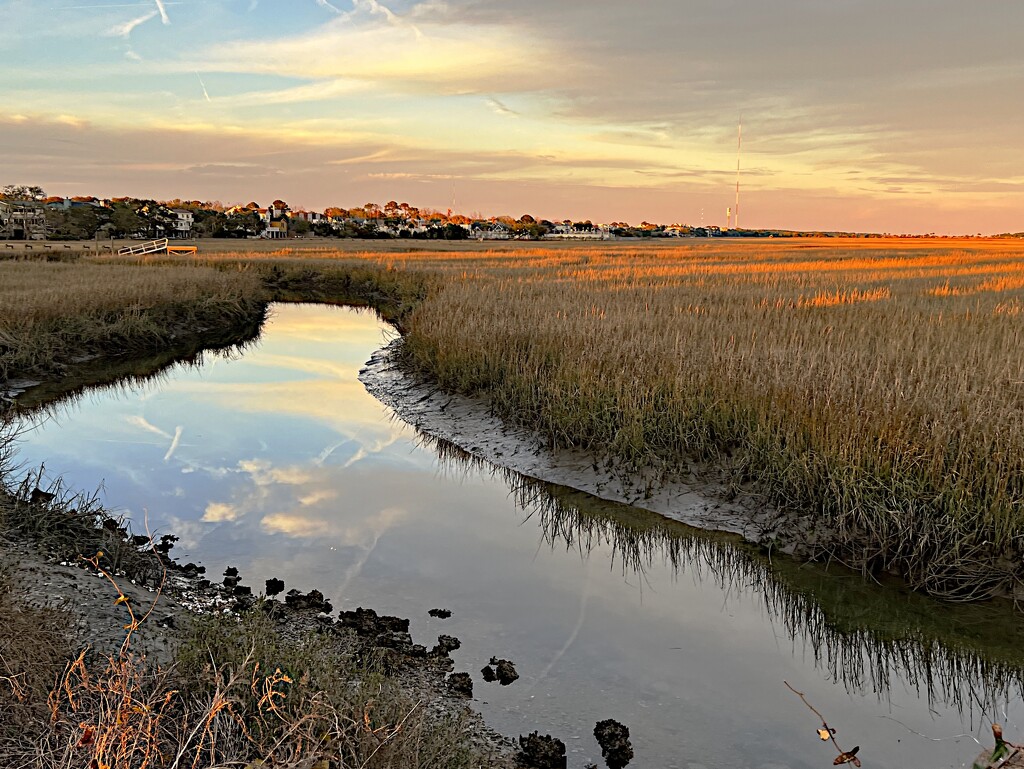 Marsh creek at low tide and sunset by congaree