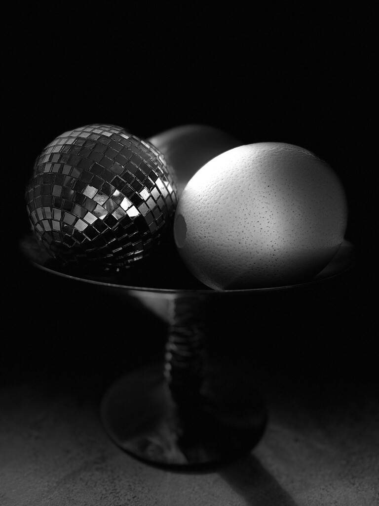 Still life with ostrich eggs and glitter ball by lizgooster