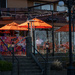 Orange umbrellas and lunch