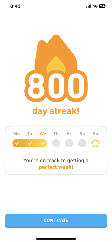 Screen shot of my successful 800 consecutive days studying my French on the free version of the Duolingo app!!! 800 days!!! by johnfalconer