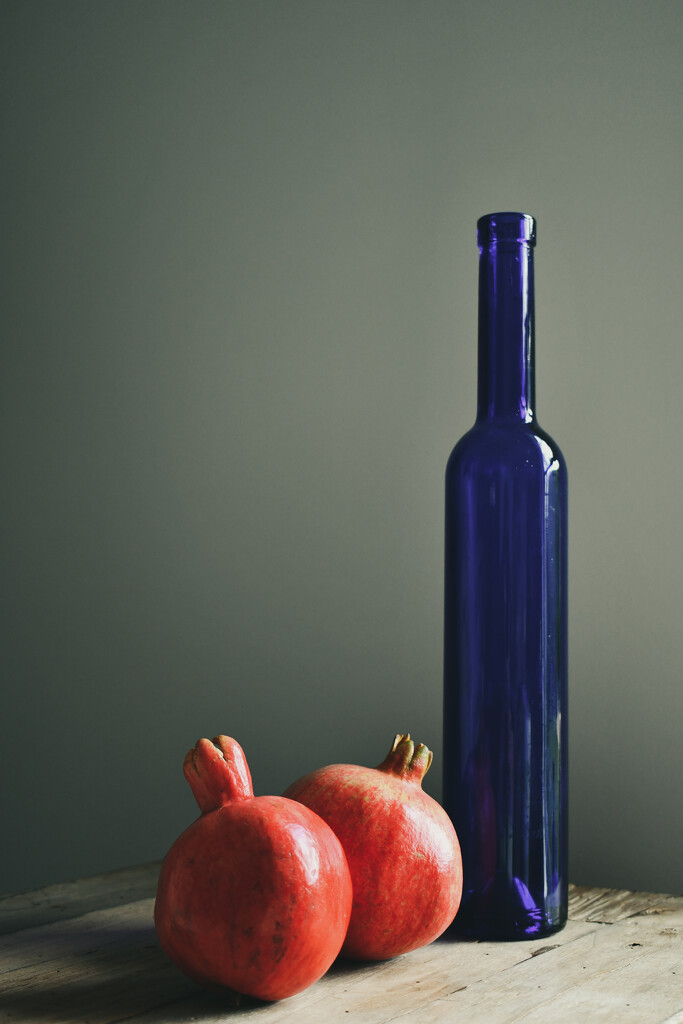 096 - Pomegranates and Blue Bottle by nannasgotitgoingon