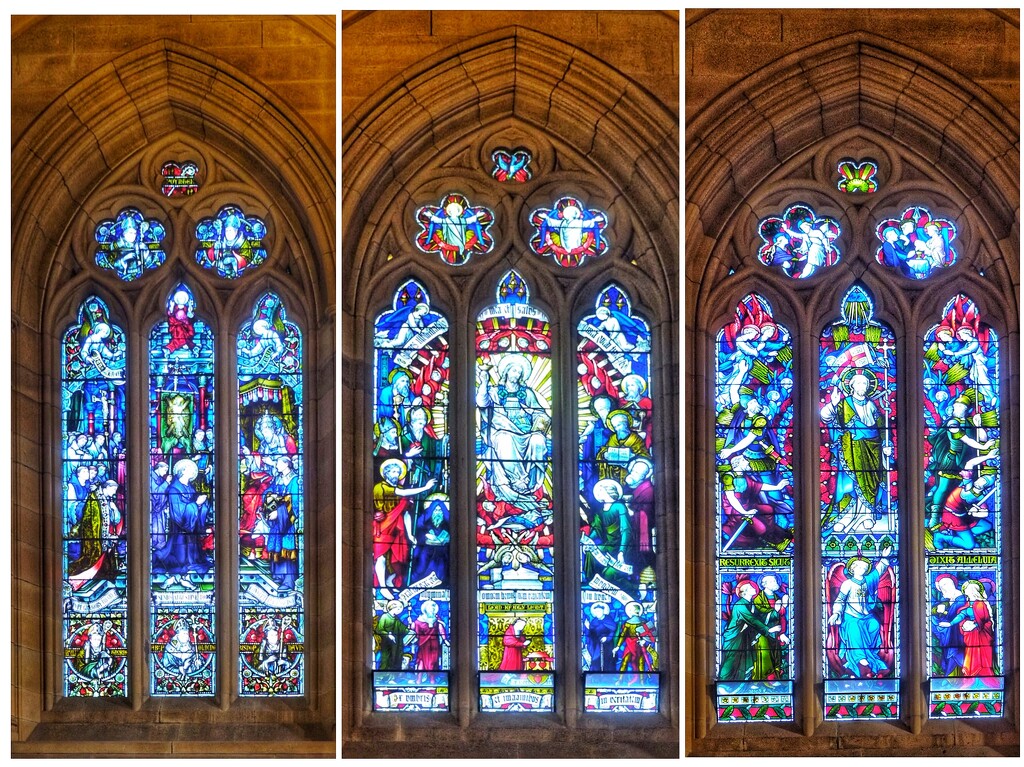 Here is a collage of three of about 40 pictorial windows in St Mary’s Cathedral. The various windows were manufactured in England at various times over a 50 year time span up to 1932. by johnfalconer