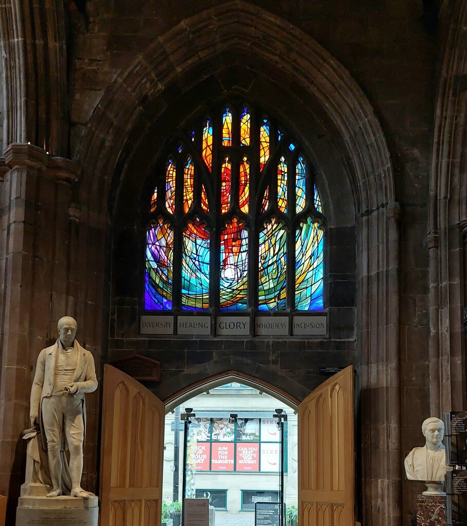 Modern stained glass window in Manchester Cathedral  by samcat