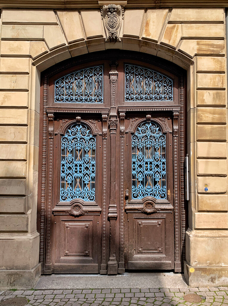 Blue hearts on brown door.  by cocobella