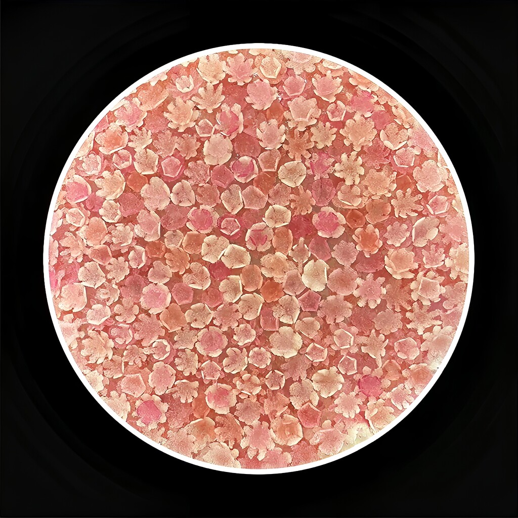 Microscope slide of rare tropical disease blood cells? Or miniature glass crystal flowers in a shallow dish? by johnfalconer