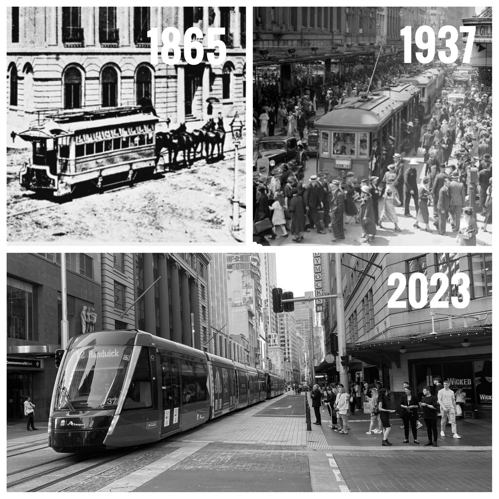 Sydney trams over the last 150 years. Trams were removed at the end of the 1950s - the Sydney Opera House is built on the site of the old tram sheds - but the trams were finally brought back this century.  by johnfalconer