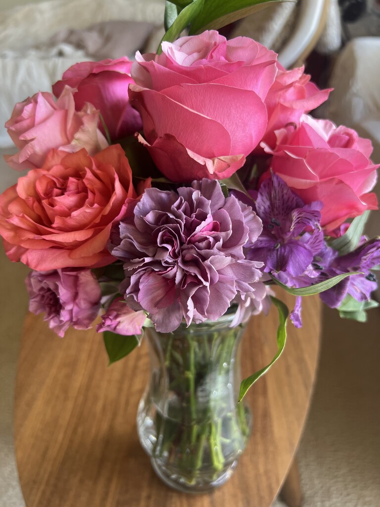 Purple Carnation with Pink and Coral Roses by peekysweets