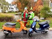 28th Oct 2023 - Elf and Buddy pose with their Vespas and miniature dog named Brody