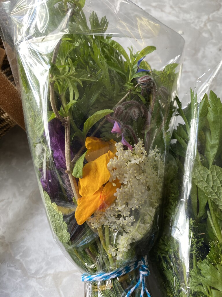 Bundles of mixed herbs and edible flowers by antlamb