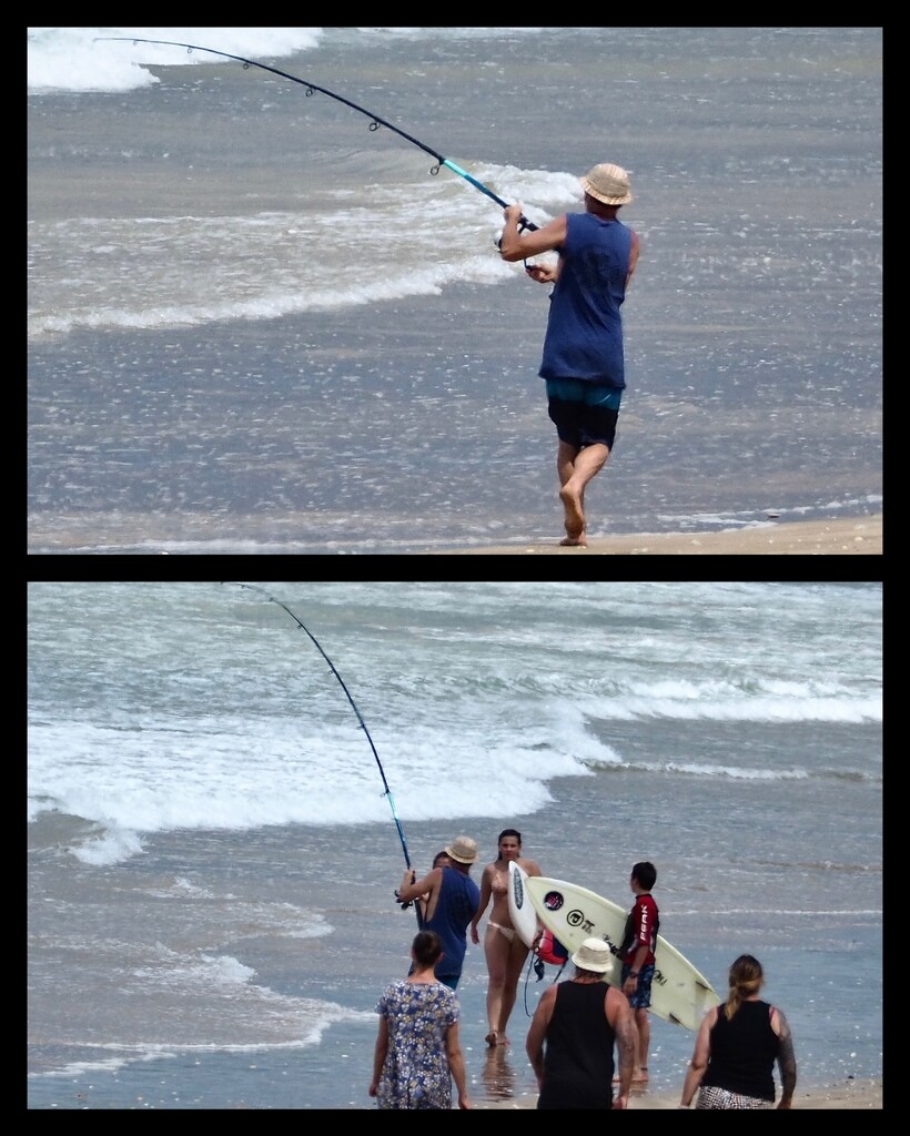 This Chappy had something big on his line as in top pic he was running down the beach due to it dragging, his family all arrived excited too but unfortunately a for seconds the line broke . by Dawn