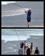 24th Nov 2023 - This Chappy had something big on his line as in top pic he was running down the beach due to it dragging, his family all arrived excited too but unfortunately a for seconds the line broke .