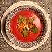 Beetroot soup with tempeh and coriander.